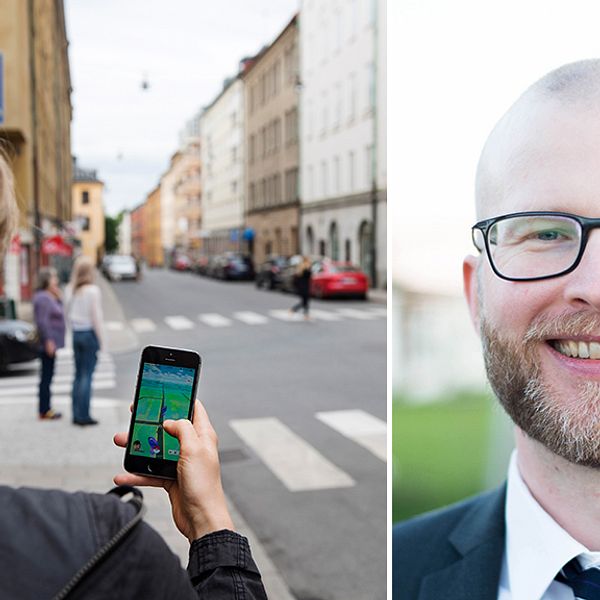 En kvinna som spelar Pokémon Go i stadsmiljö. Marcus Nohlberg, forskare vid Högskolan i Skövde.