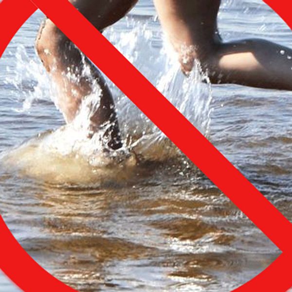 Badförbud i Rättvik – bild på badande person med grafisk förbudsskylt