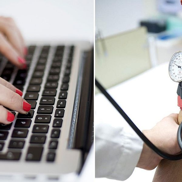 En person som skriver på ett tangentbord och en läkare som genomför en läkar undersökning.