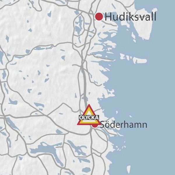 Karta med platsen där en motorcyklist blev svårt skadad i en olycka utanför Söderhamn.