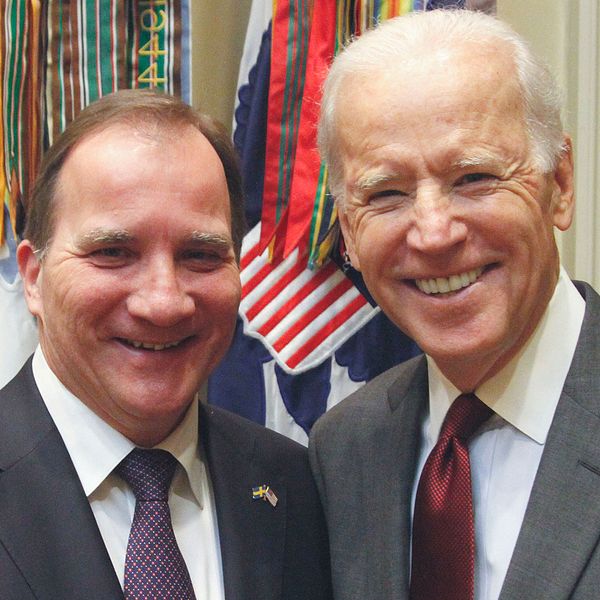 Statsminister Stefan Löfven och USA:s vicepresident Joe Biden i samband med Löfvens besök i Vita huset förra året.