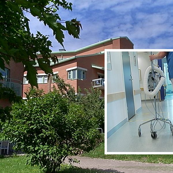Montage av Visby lasarett och en sjuksköterska som går med vagn.
