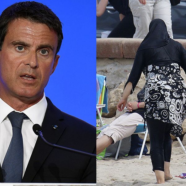 Manuel Valls och en kvinna i en burkini.