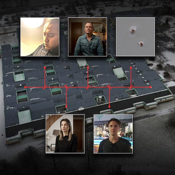 Femdelad bild. Central bakgrund: byggnadens tak. Övre delen: två personer och en objektbild. Nedre delen: två personer.