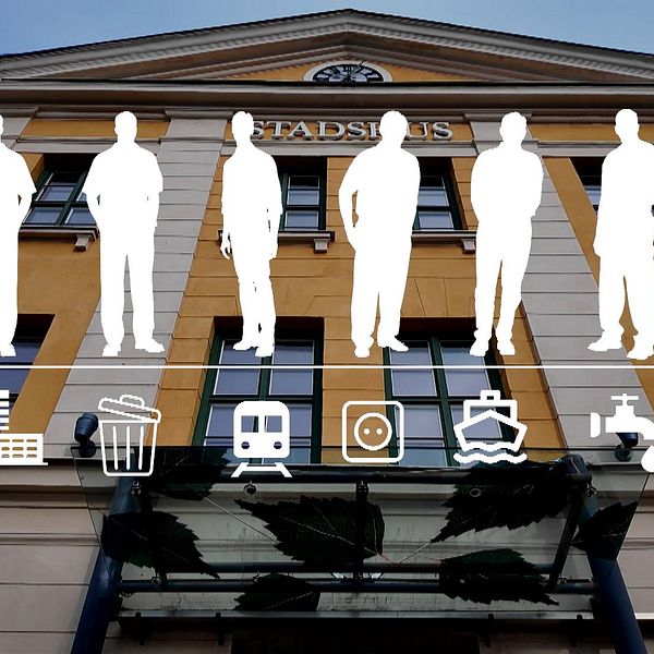 Silhuetter av människor och transportsymboler mot en byggnad.