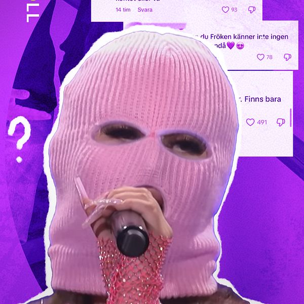 Fröken Snusk när hon medverkade i Melodifestivalen 2024 i förgrunden. I bakgrunden olika Tiktok-kommentarer om att Fröken Snusk ska ha ”brytit sig loss” från samarbete med Rasmus Gozzi, eller bytts ut av någon annan. Längst bort syns någon med rosa mask, som kan vara ”den nya” eller ”den gamla” Fröken Snusk. Detta ska ha hänt i början av 2025.
