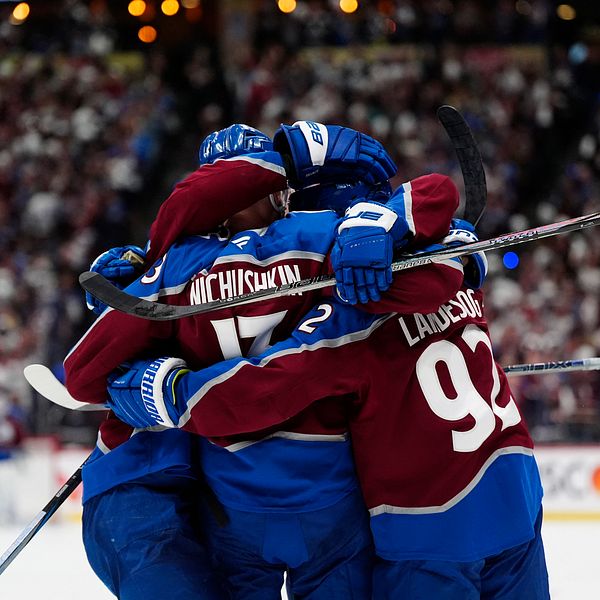 Ishockeyspelare i rödblå tröjor firar mål tillsammans inför jublande publik.