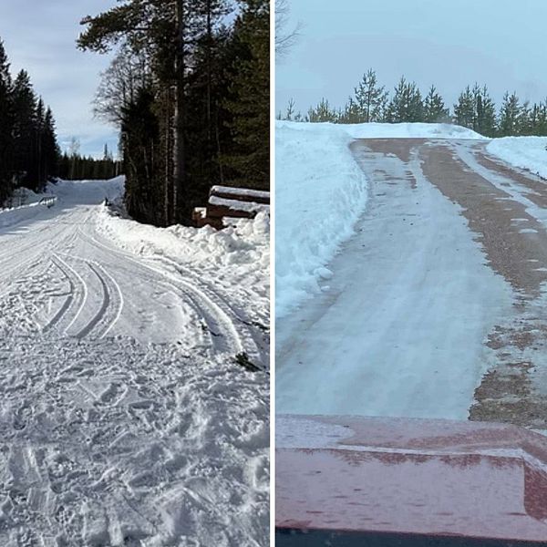splitbild med vintrig väg till vänster och väg med is och grus till höger