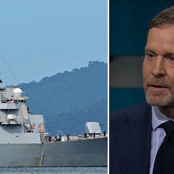 Björn Ottosson, FOI, i studio samt ett amerikanskt krigsfartyg till havs.