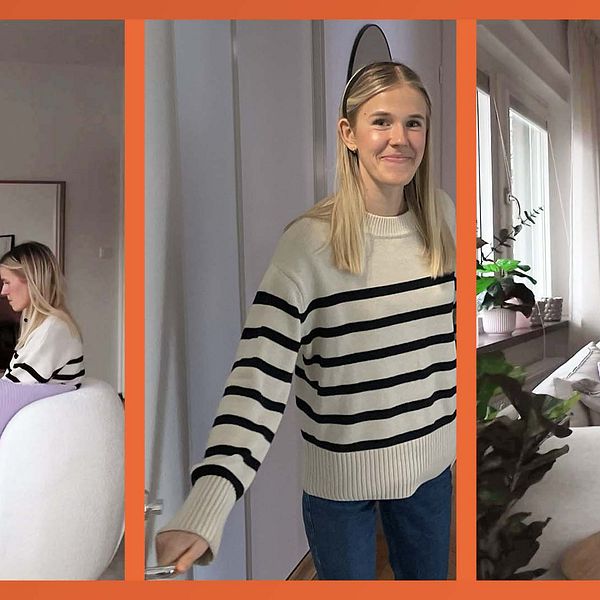 Tredelad bild. Vänster: Kvinna sitter i fåtölj. Mitten: Kvinna vid dörr. Höger: Modern vardagsrumsinteriör.