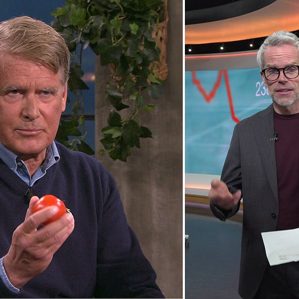 Christer Gardell håller en tomat, SVT:s ekonomikommentator står framför börsgraf.
