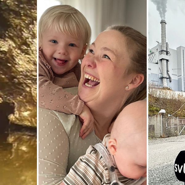 1. Guldfärgad tunnel 2. Skrattande kvinna med två små barn. 3. Reporter med klädnypa för näsan och bolmande industri i bakgrunden.