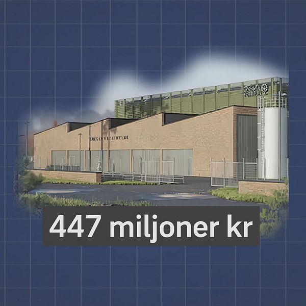 Illustration av nya vattenverket i Gnesta med texten ”447 miljoner kr” framför byggnaden.