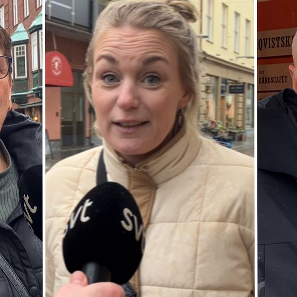 Tre personer intervjuas på gatan. Den första personen till vänster bär en svart jacka och står utomhus. Tillsammans med den andra personen i mitten, som är klädd i en beige jacka, hålls en mikrofon med logotypen SVT. Den tredje personen till höger har på sig en mörk jacka och står framför en butik.