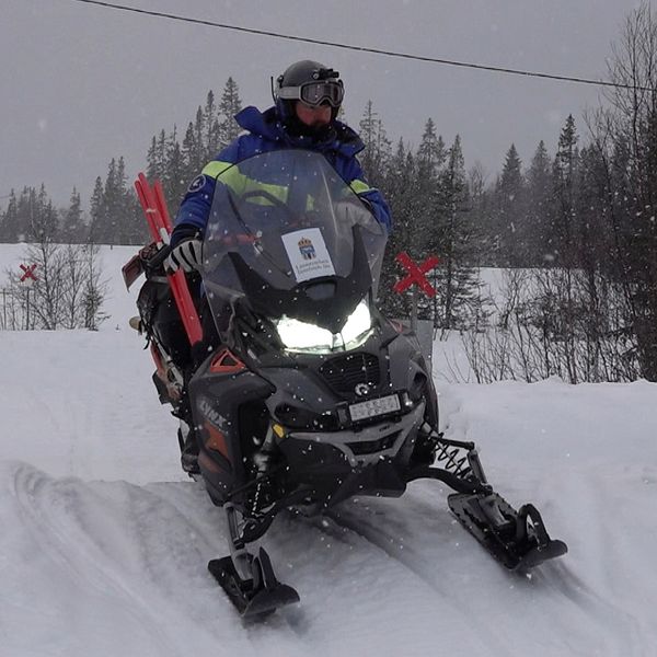 Person kör snöskoter i vinterlandskap med snöklädda träd i bakgrunden.