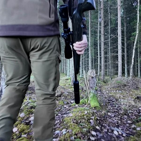 En person går genom en skog med ett gevär i handen.