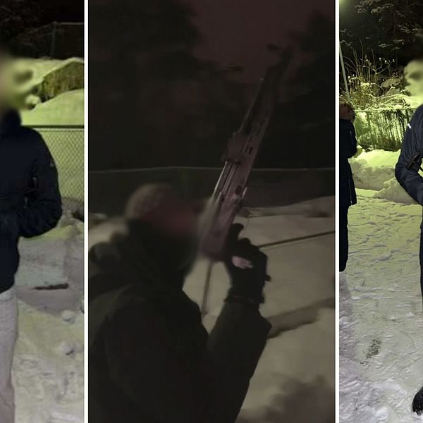 Tre maskerade personer utomhus i snö, håller vapen, central bevisning efter nyårsskotten i Nykvarn.
