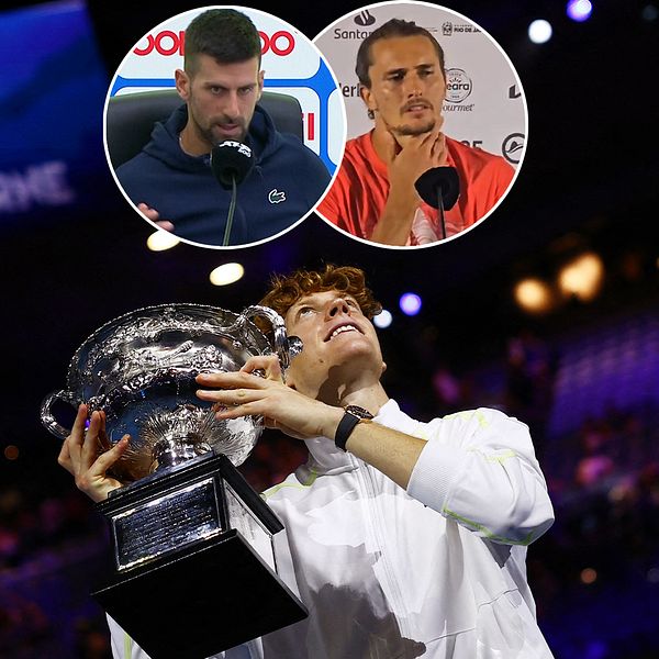 Tredelad bild. Längst fram: Tennisspelare lyfter pokal. Till höger: Person under intervju.
