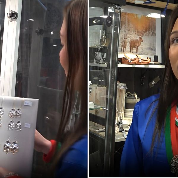 Bilden är delad i två sektioner. Den vänstra sektionen visar en person klädd i kolt som håller i en display med smycken i en glasmonter. Den andra visar ett porträtt. I bakgrunden finns fler smycken och en tavla med en ren.