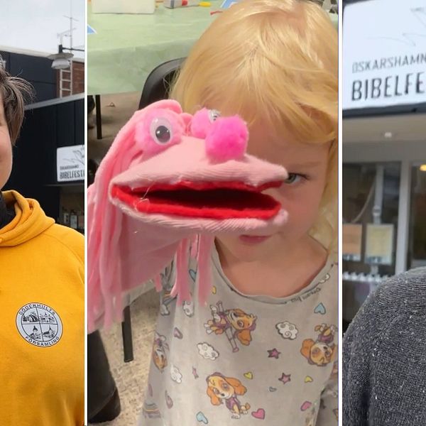 Tre personer på bibelfestival i Oskarshamn, en håller upp en bok och en docka syns i mitten