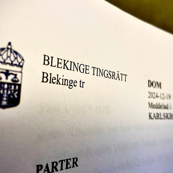 Rättsdokument från Blekinge tingsrätt med datum och platsangivelse, där på toppen står ”BLEKINGE TINGSRÄTT” och innehåller en symbol av en krona.