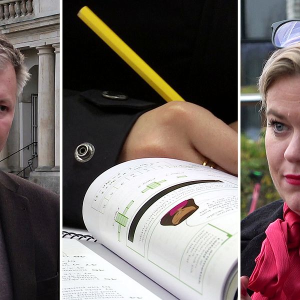 Två olika politiker som tittar inåt med en lärobok i mitten från en skola.