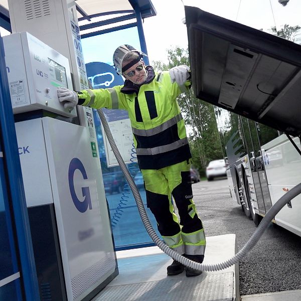 En buss i Södertälje tankas med biogas.