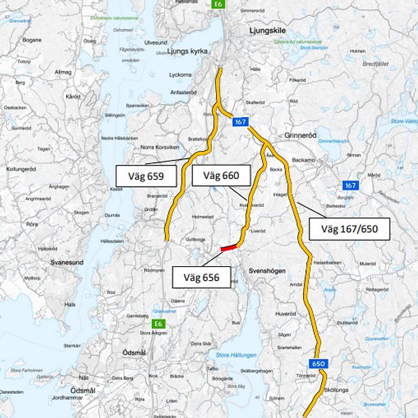 En karta som visar väg 656, 659, 660 och väg 167/605.