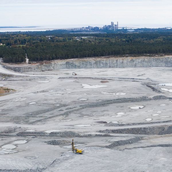 Kalkbrottet i Slite med grävmaskin, skog i bakgrunden och Slite i horisonten.