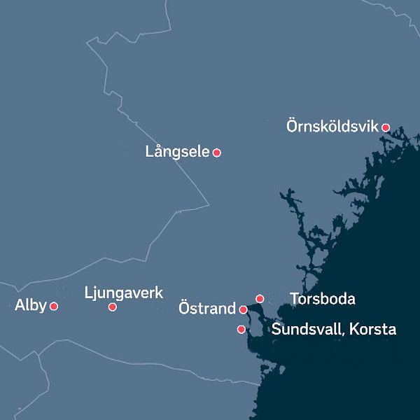 En karta över Västernorrland med sju platser platser utmärkta med röda prickar för planerade industrietableringar i länet.