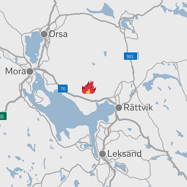 kart-grafik med bl.a Rättvik och Mora, och brandplatsen däremellen