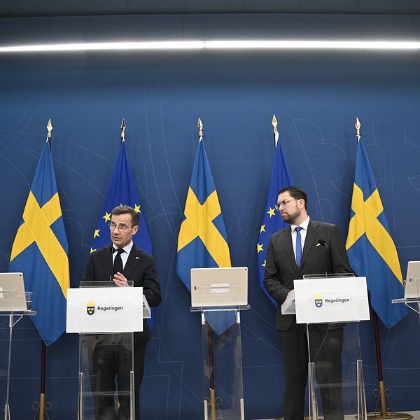 En kvinna och tre män i kostymer håller en pressträff framför svenska flaggor och blå bakgrund.