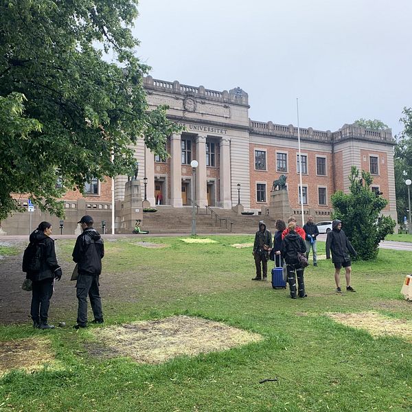 Gräsmattan utanför Göteborgs universitet har märken efter att tält har varit uppsatta där.