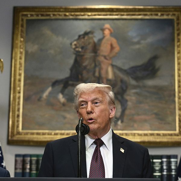 Tre personer framför målning av ryttare. Amerikanska flaggor syns bredvid.