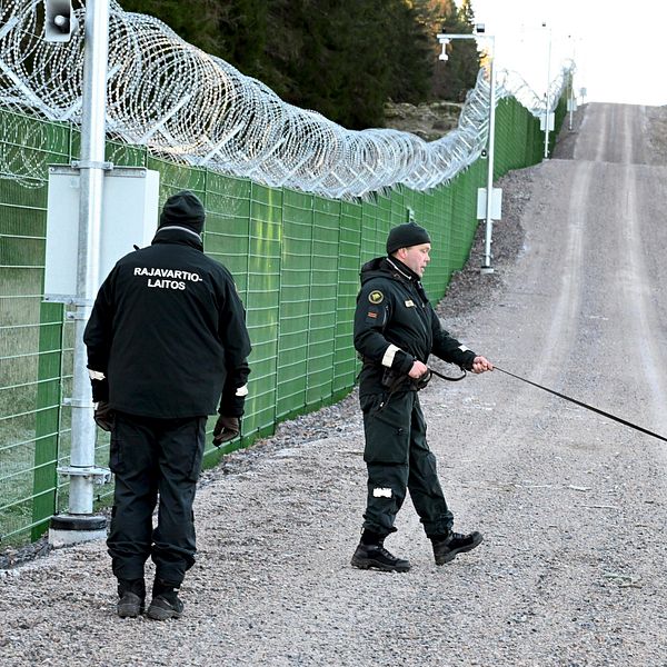 Gränsvakter patrullerar en stig vid ett taggtrådsstängsel, med en hund i koppel.