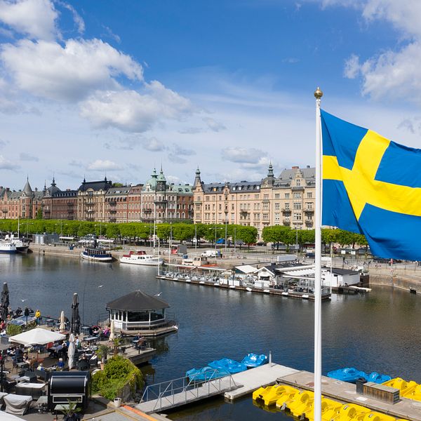 En svensk flagga vajar över vattnet.