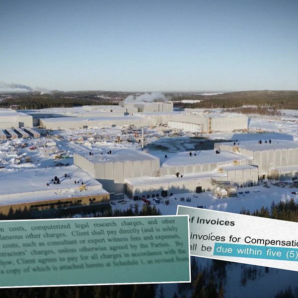 Flygbild över Northvolt i Skellefteå med utdrag ur kontraktstexter inklippta i bildens nederkant.