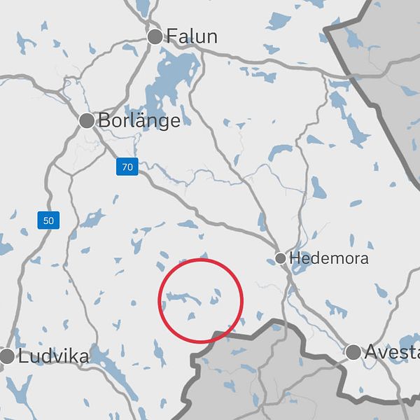 Kartgrafik med olycksplatsen utmärkt sydväst om Hedemora i södra Dalarna