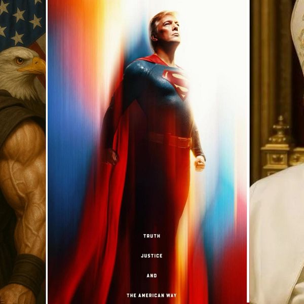 AI-genererade bilder av Donald Trump som superhjälte, påve och i muskulös pose med örnar.