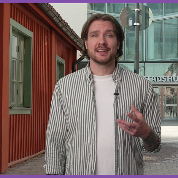 Man utanför byggnad vid texten ”Onko sillä väliä?”