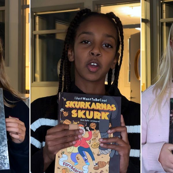 Tre barn står i rad och håller upp böcker framför sig. Den första har boken ”Amuletten”. Den andra visar ”Skurkarna's Skurk” och den tredje håller upp en bok med titeln ”Mystiska godismonstren”.