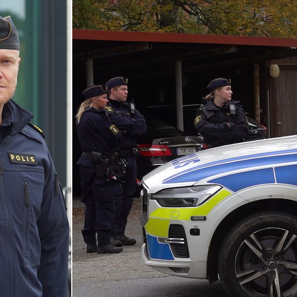 Delad bild. Till vänster en ensam polis som tittar rakt in i kameran. Till höger fyra poliser som tittar åt samma håll, i förgrunden en polisbil.