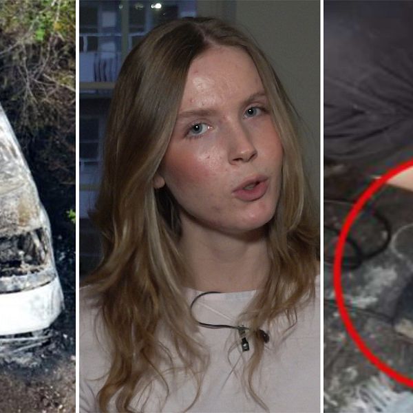 En delad bild som innehåller tre sektioner. Den första sektionen visar ett brunnit fordon som ligger på marken, omgiven av grön vegetation. Den andra sektionen föreställer en person med långt hår, som ser mot kameran. Den tredje sektionen visar en fot som bär en svart sko, markerad med en röd cirkel, som står på en golvyta.