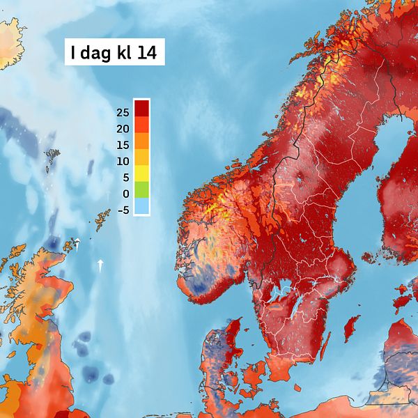 Väderkarta med temperaturprognos för Sverige och Norden för i dag och kommande dagar.