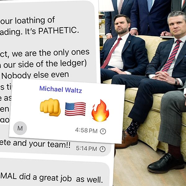 Delad bild. Vänster: textmeddelanden från Pete Hegseth och Michael Waltz. Höger: JD Vance, Pete Hegseth och Mike Waltz.