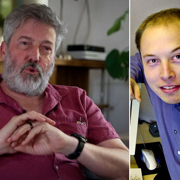 Tvådelad bild. Vänster: person i röd skjorta. Höger: ung Musk i blå skjorta.