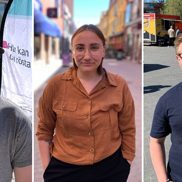 tre unga personer som tittar in i kameran, två står framför vimplar med texten ”Här kan du rösta”