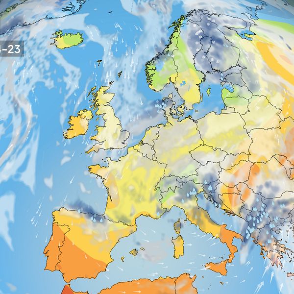 Väderkarta som visar väder i Europa- prognos för i dag och kommande dagar