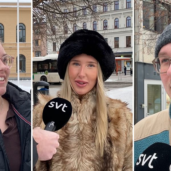 Tre individer intervjuas utomhus i ett vinterlandskap. Den första personen bär en svart jacka och en röd öronsnäcka utanför en byggnad med gula väggar och mörka fönster. Den andra personen har på sig en lurvig kappa och en svart pälsmössa på en trottoar med en stadsbuss i bakgrunden. Den tredje personen har en grå stickad mössa och en beige och turkos jacka, också utomhus i en stadsmiljö.