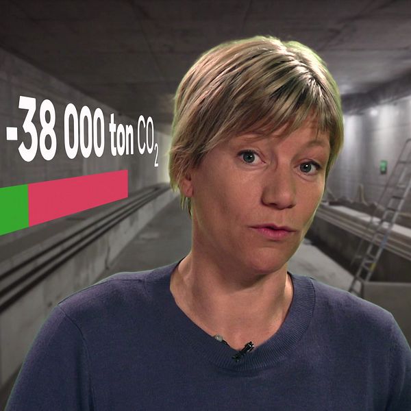 En bild på SVT:s reporter Anna Adersjö som står framför en greenscreen där det står ”cirka -38 000 ton CO2”